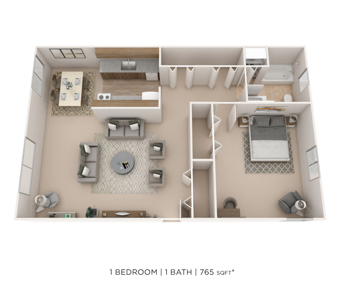 Floor plan for 1 bed, 1 bath, 765 sqft