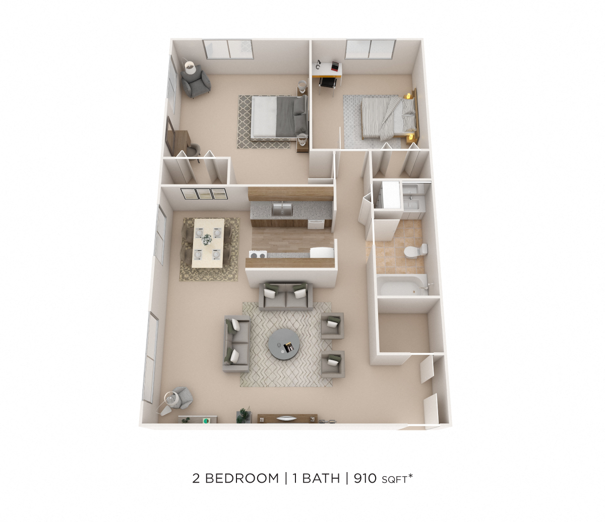 Floor plan for 2 beds, 1 bath, 910 sqft