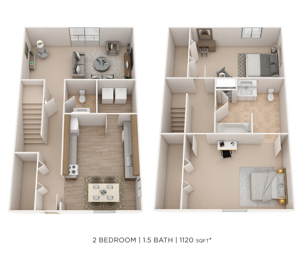 Floor plan for 2 beds, 1.5 baths, 1120 sqft