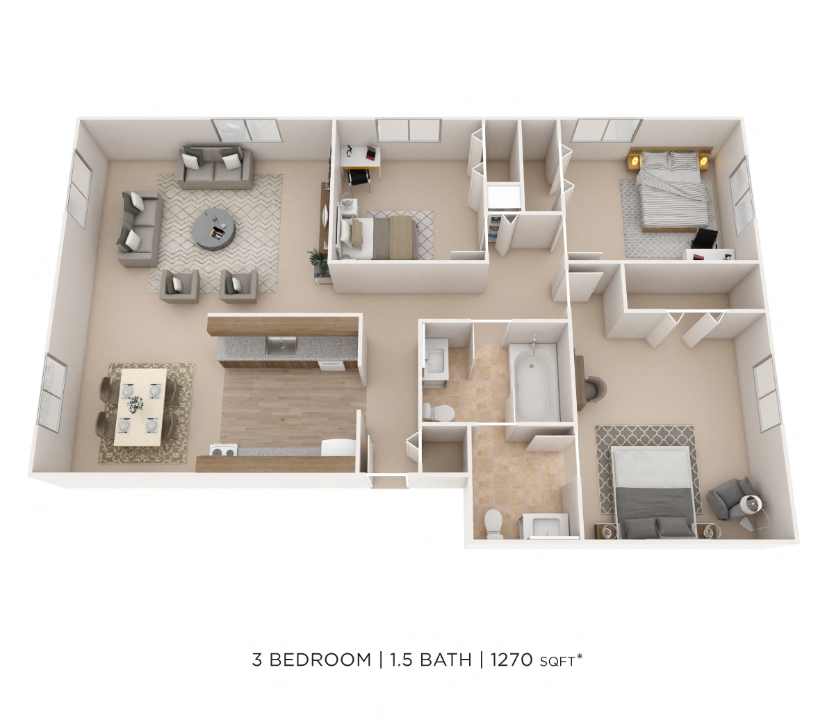 Floor plan for 3 beds, 1.5 baths, 1270 sqft