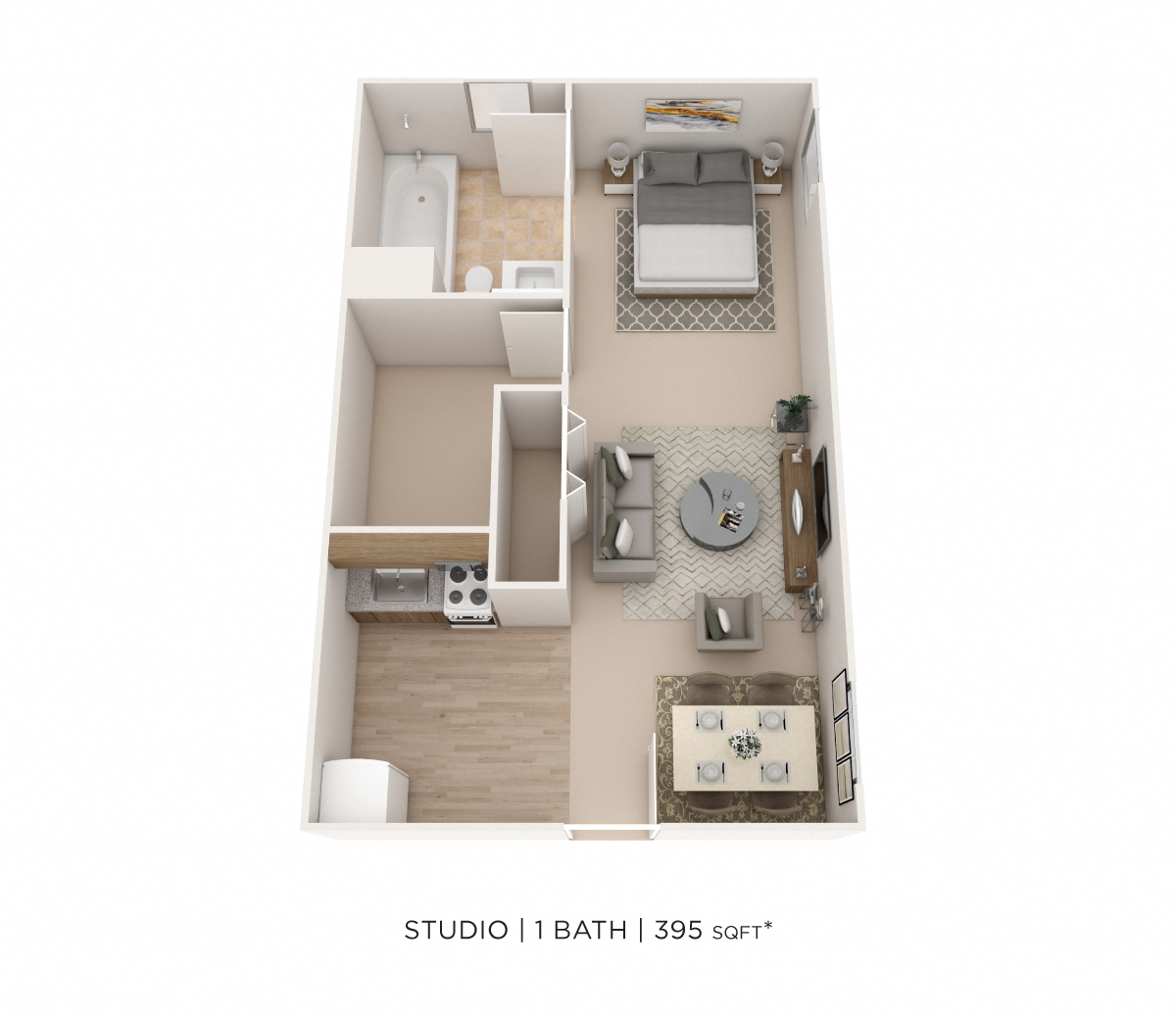 Floor plan for studio, 1 bath, 395 sqft