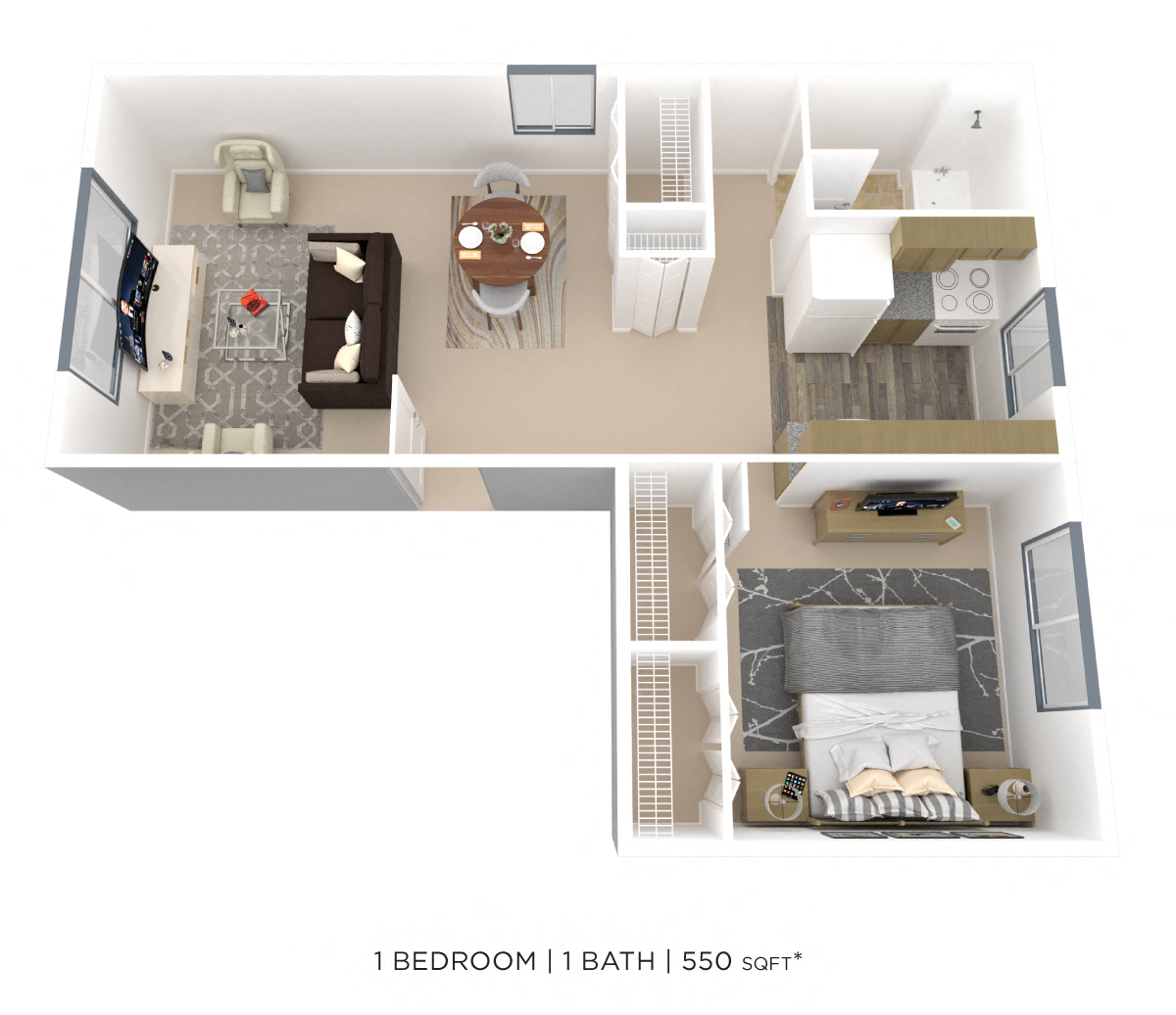 Floor plan for 1 bed, 1 bath, 550 sqft