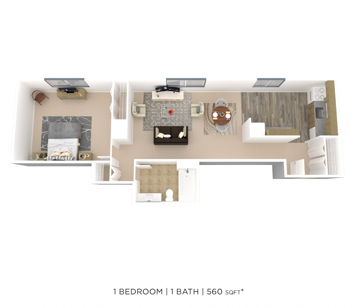 Floor plan for 1 bed, 1 bath, 560 sqft