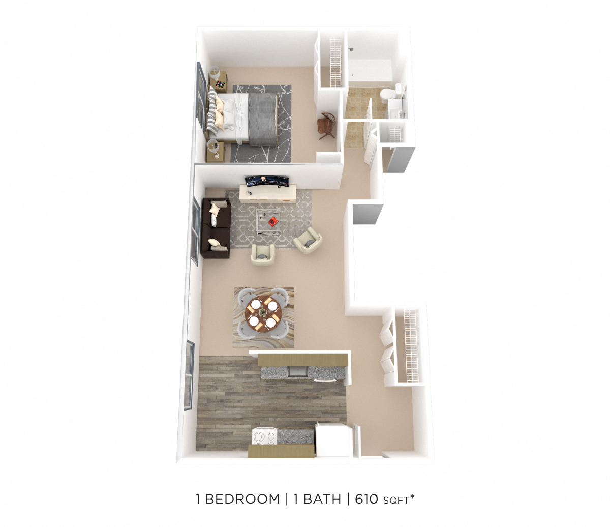 Floor plan for 1 bed, 1 bath, 610 sqft