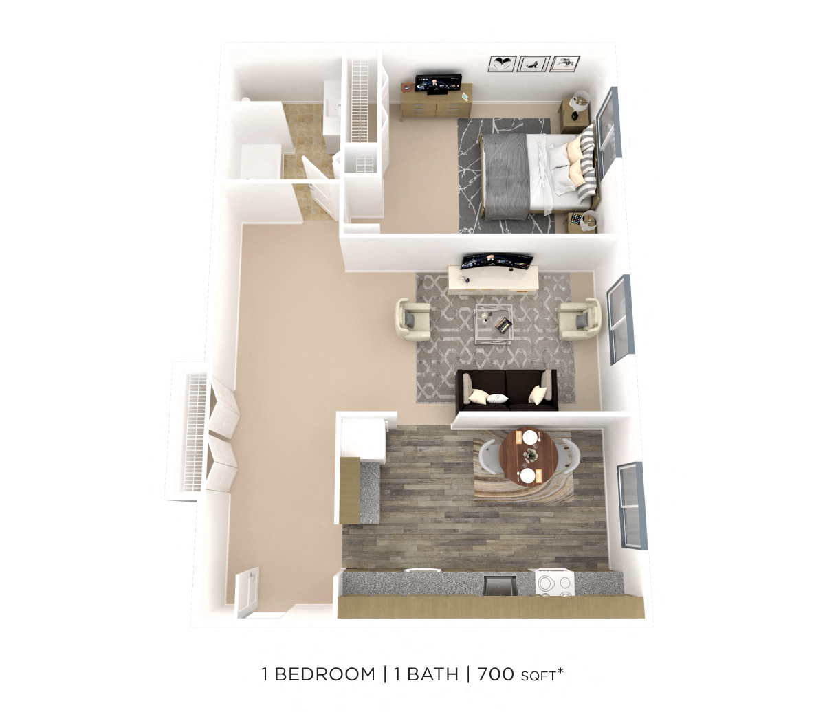 Floor plan for 1 bed, 1 bath, 700 sqft