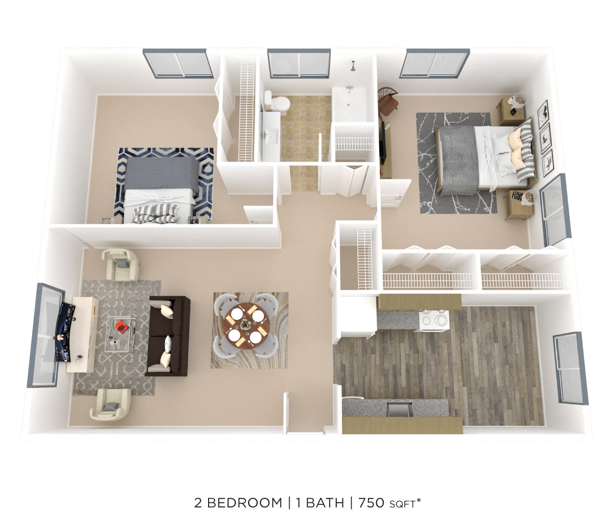 Floor plan for 2 beds, 1 bath, 750 sqft