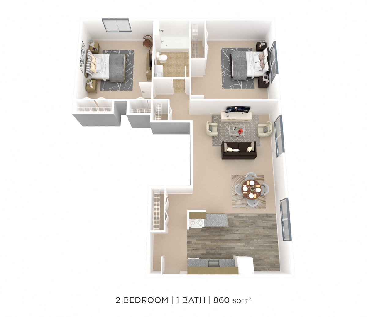 Floor plan for 2 beds, 1 bath, 860 sqft