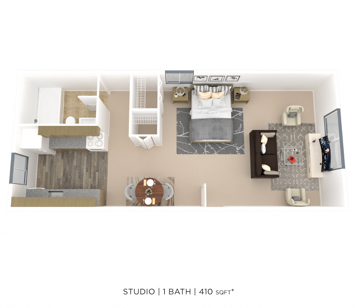 Floor plan for studio, 1 bath, 410 sqft