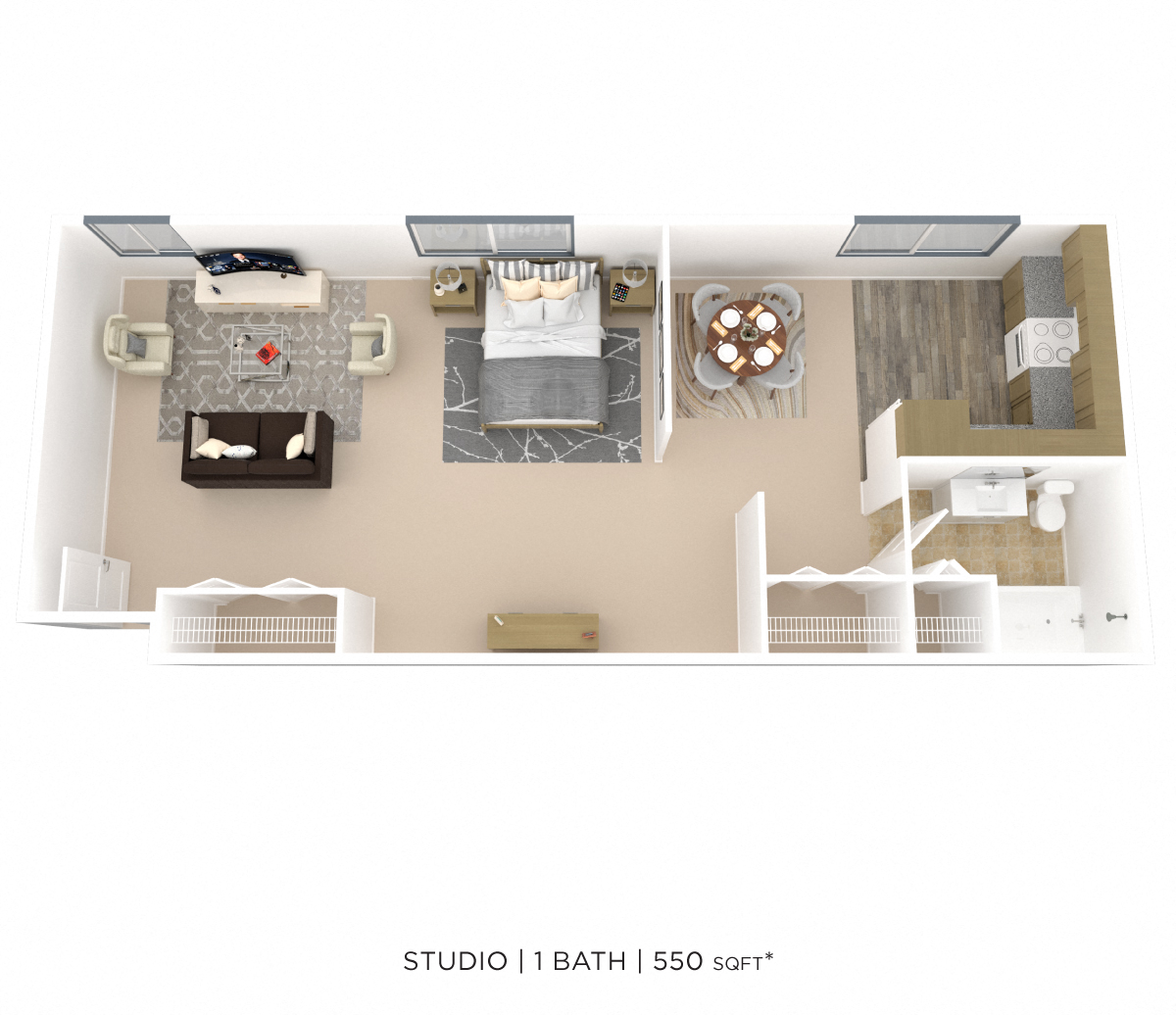 Floor plan for studio, 1 bath, 550 sqft