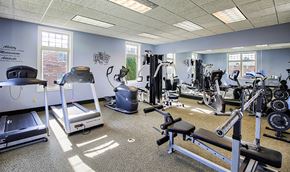 Fairport apartment for rent - a gym with cardio equipment and weights in a building with windows