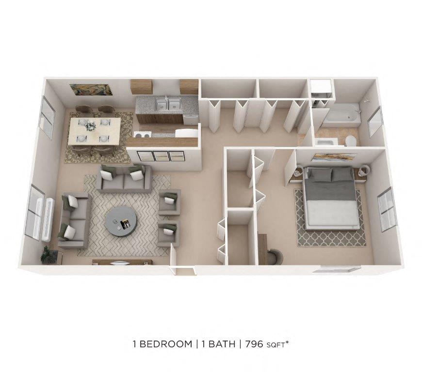 Floor plan for 1 bed, 1 bath, 796 sqft