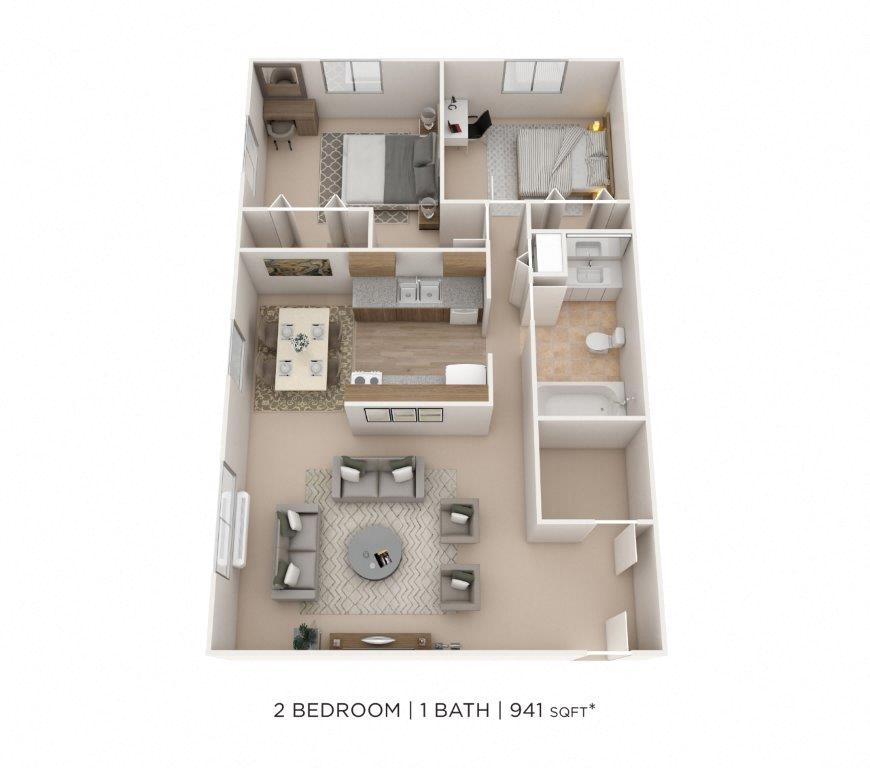 Floor plan for 2 beds, 1 bath, 941 sqft