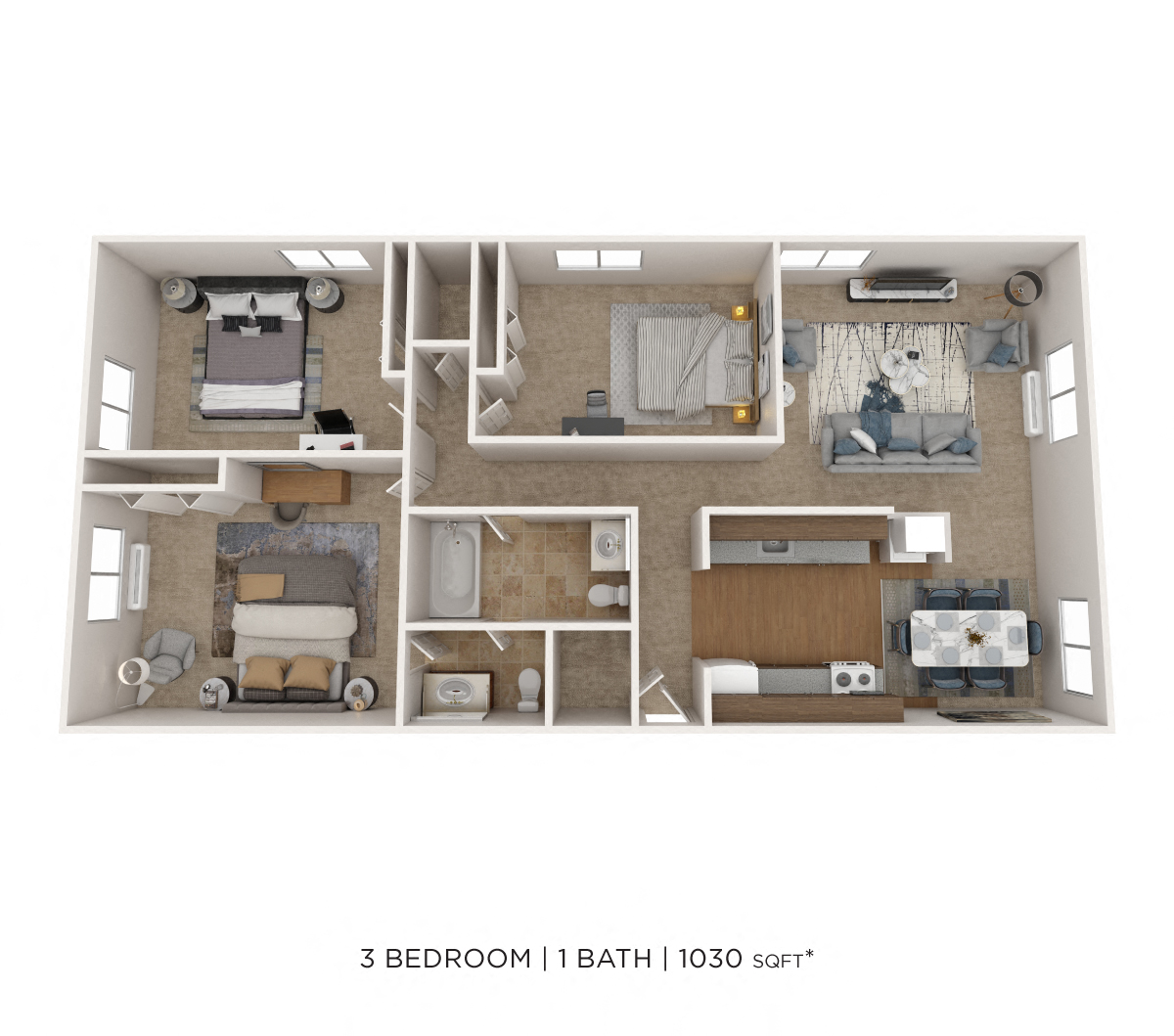 Floor plan for 3 beds, 1 bath, 1030 sqft