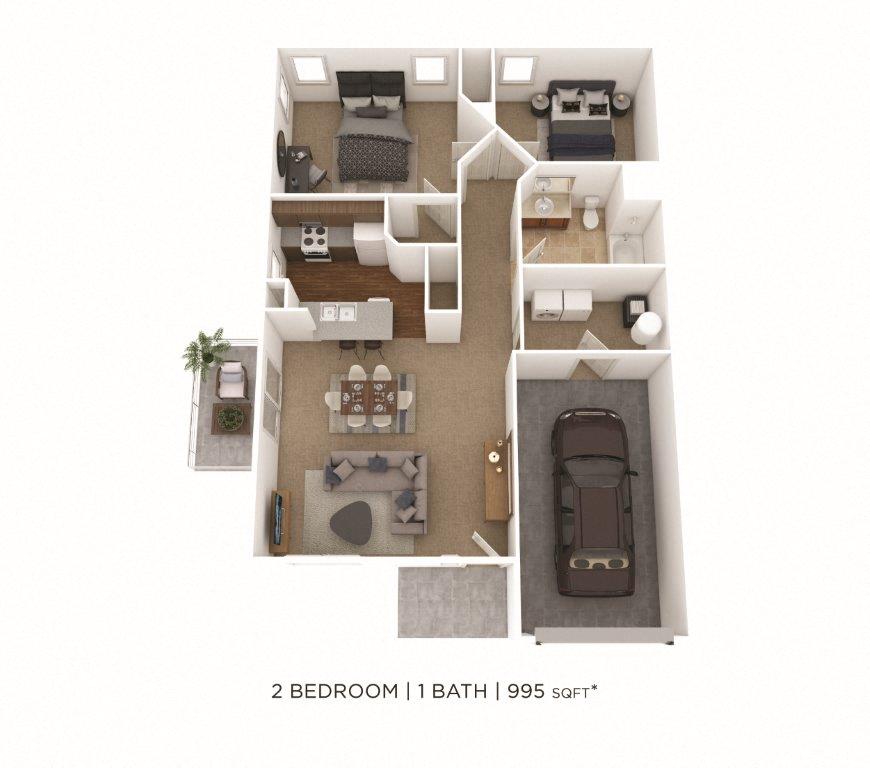 Floor plan for 2 beds, 1 bath, 995 sqft