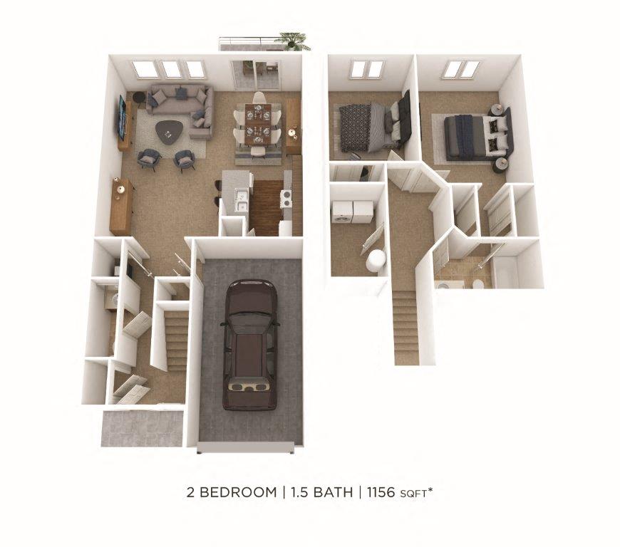 Floor plan for 2 beds, 1.5 baths, 1156 sqft