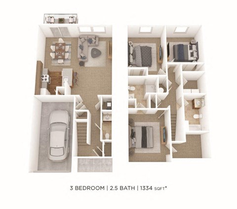 Floor plan for 3 beds, 2.5 baths, 1405 sqft