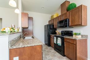 Watertown townhouse for rent - a kitchen with black appliances and granite counter tops