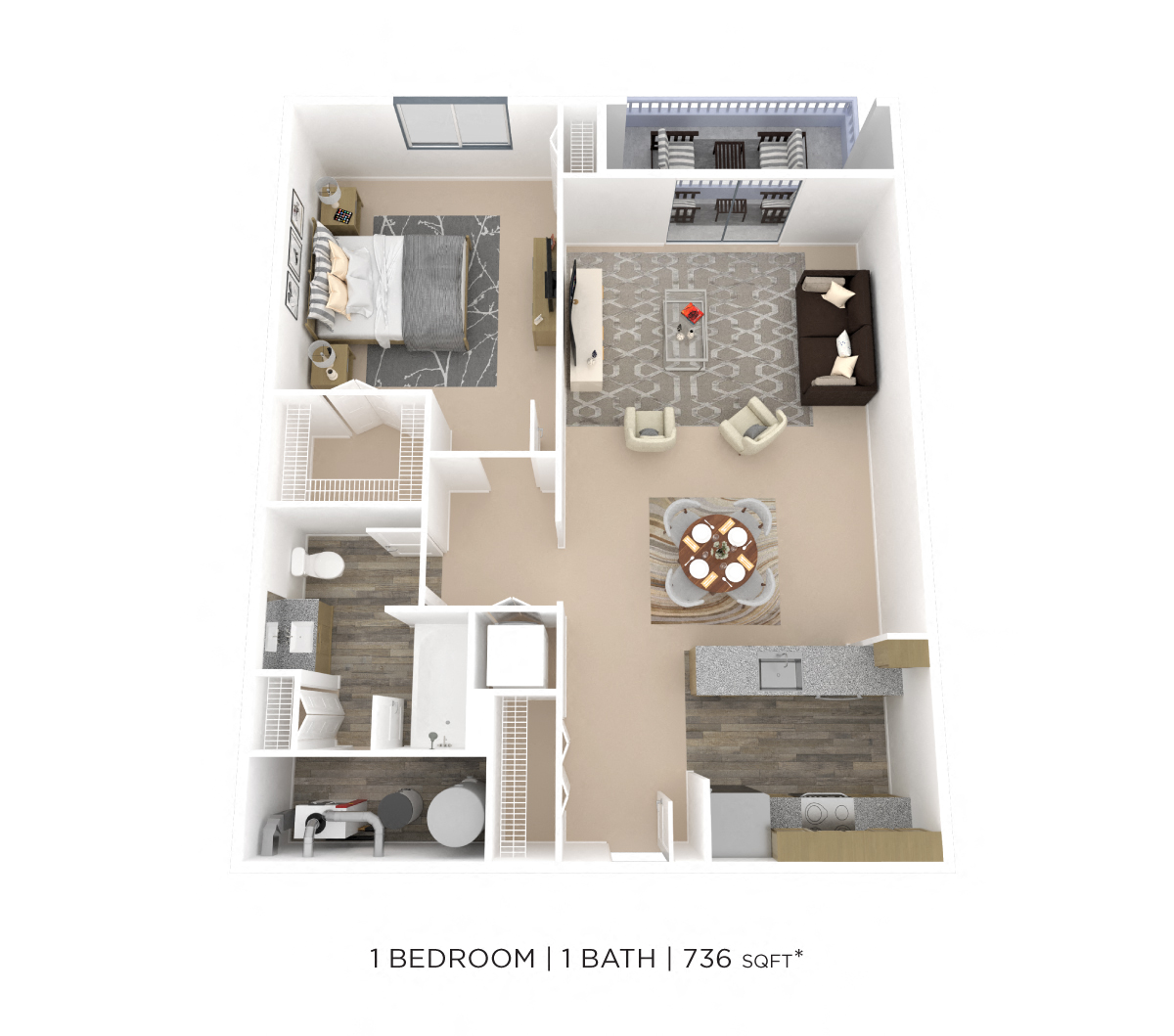 Floor plan for 1 bed, 1 bath, 736 sqft