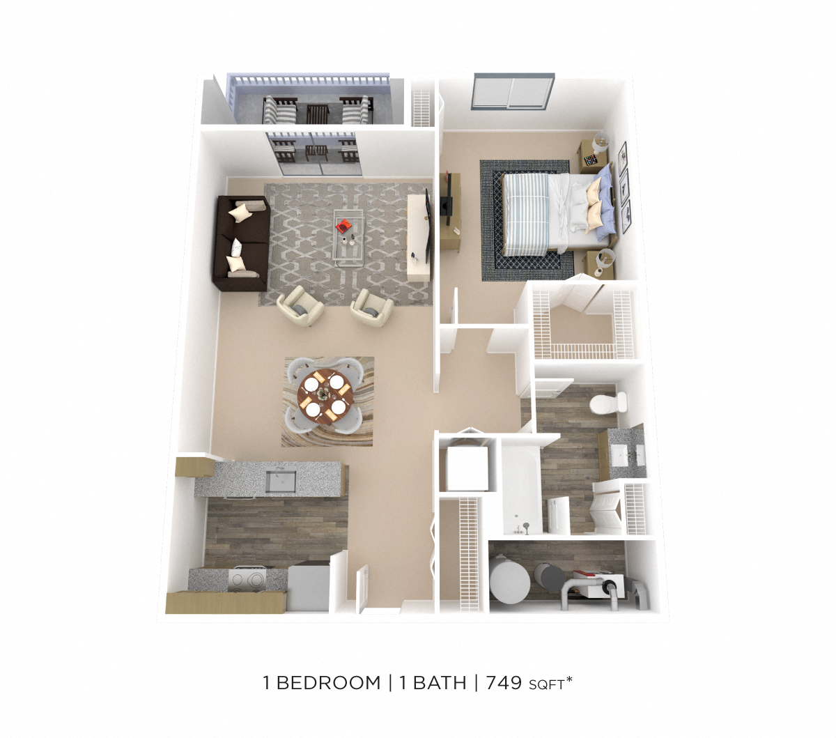 Floor plan for 1 bed, 1 bath, 749 sqft