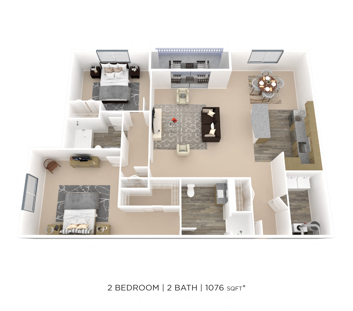 Floor plan for 2 beds, 2 baths, 1076 sqft