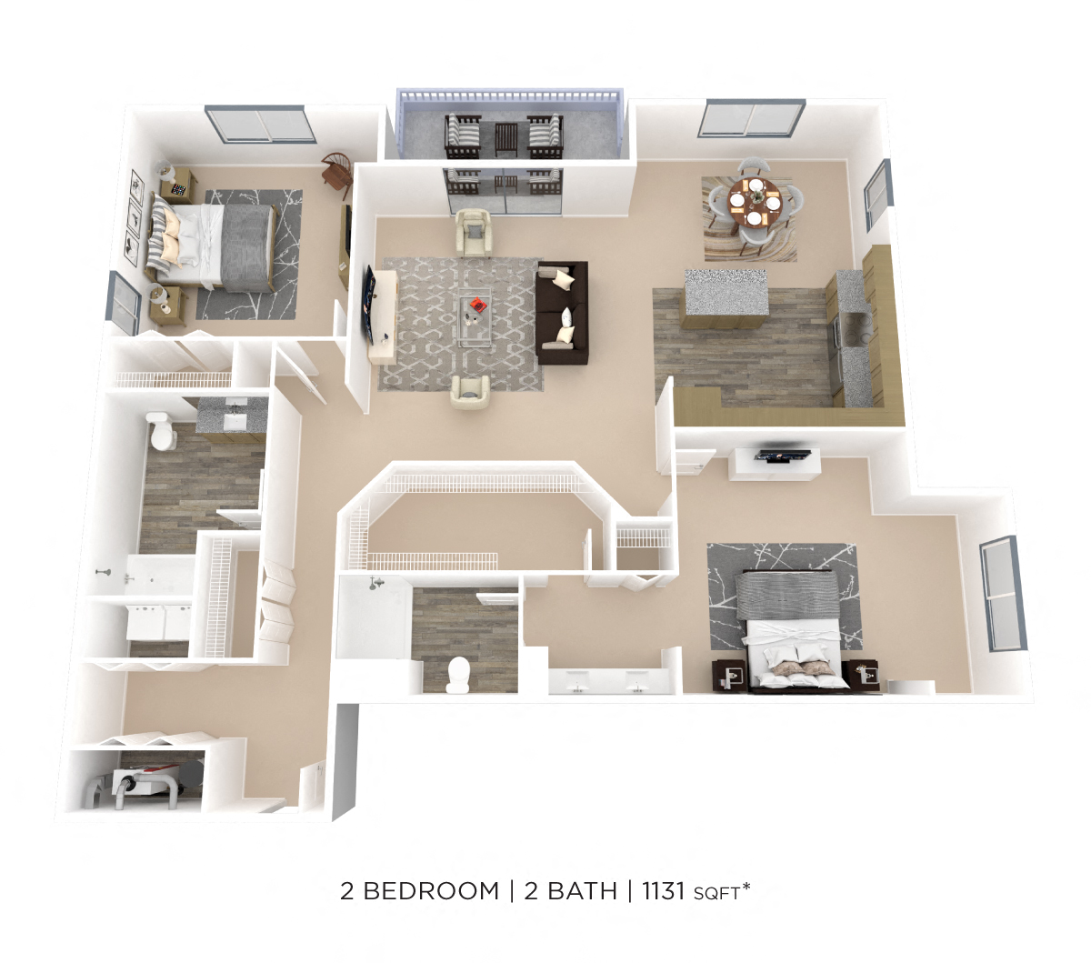 Floor plan for 2 beds, 2 baths, 1131 sqft