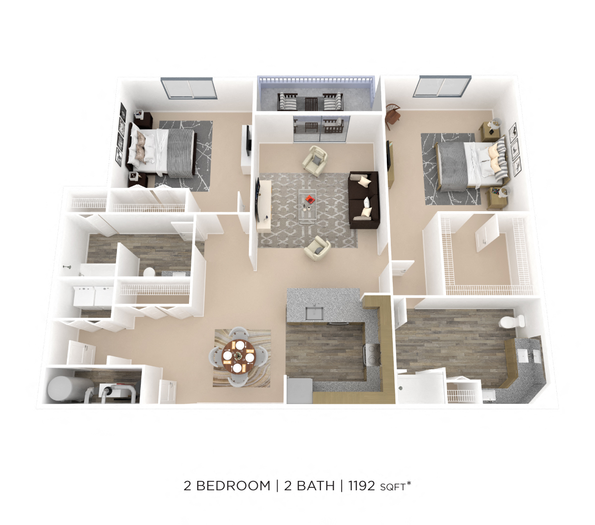 Floor plan for 2 beds, 2 baths, 1192 sqft