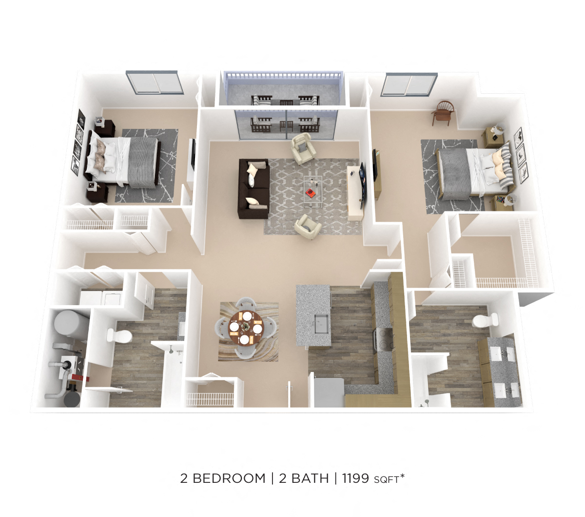 Floor plan for 2 beds, 2 baths, 1199 sqft