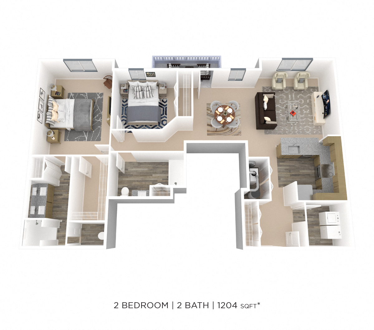 Floor plan for 2 beds, 2 baths, 1204 sqft