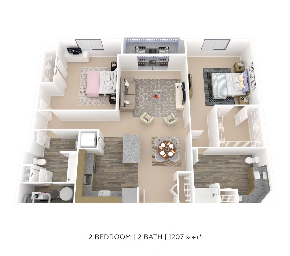 Floor plan for 2 beds, 2 baths, 1207 sqft