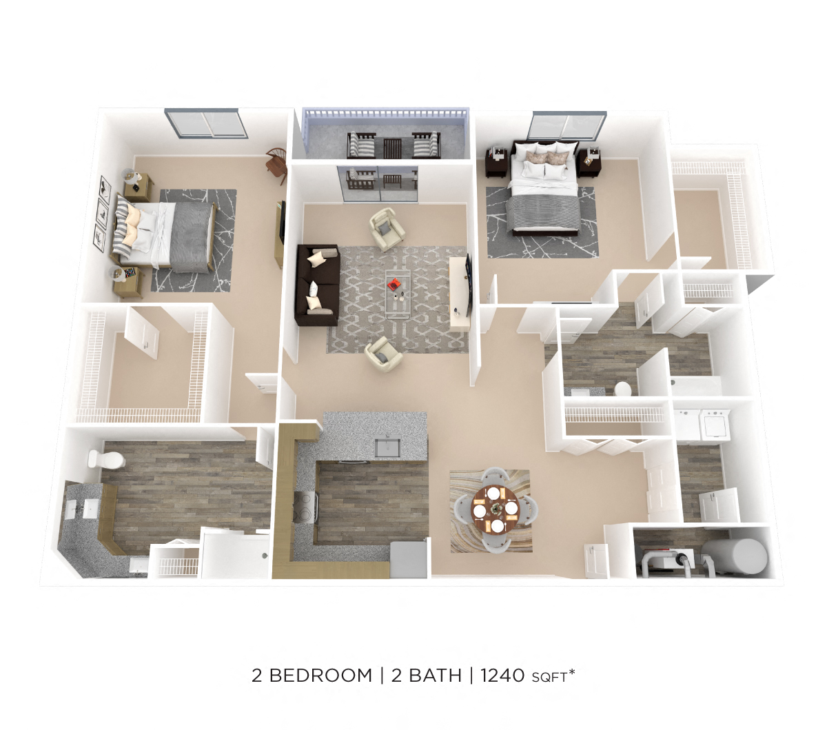 Floor plan for 2 beds, 2 baths, 1240 sqft