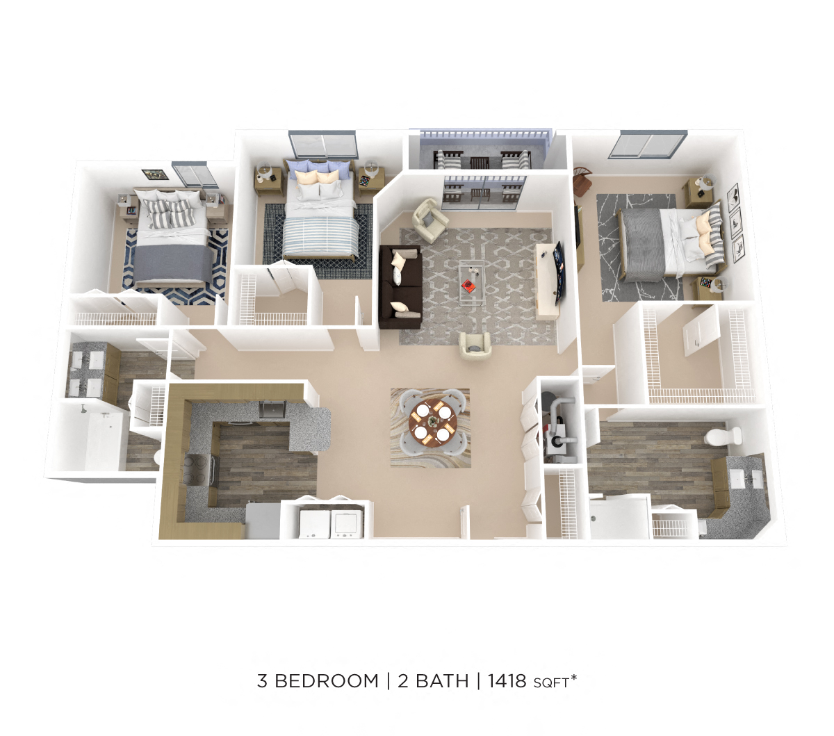 Floor plan for 3 beds, 2 baths, 1418 sqft