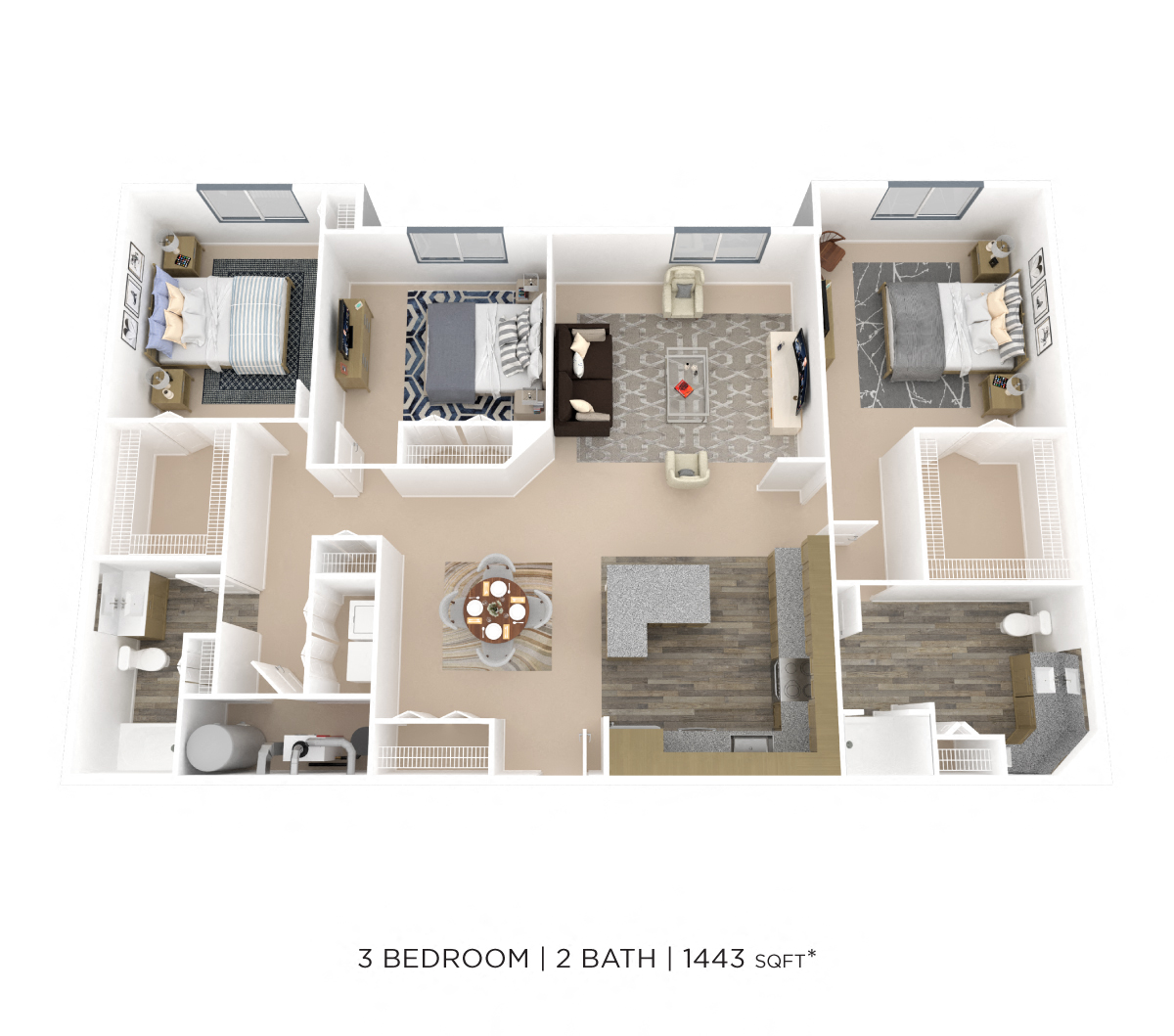 Floor plan for 3 beds, 2 baths, 1443 sqft