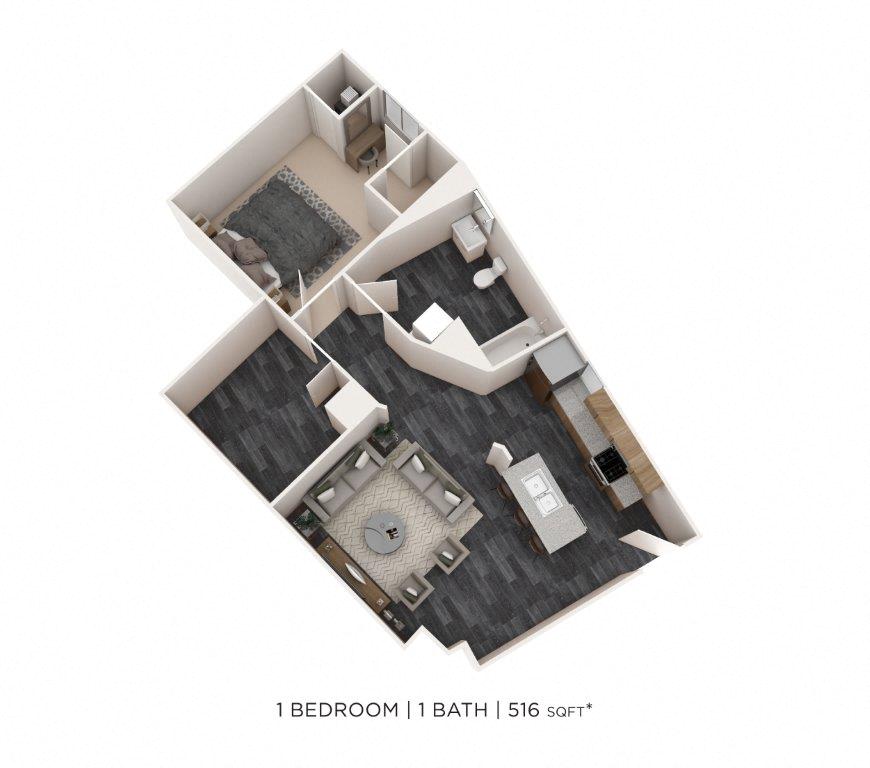 Floor plan for 1 bed, 1 bath, 516 sqft