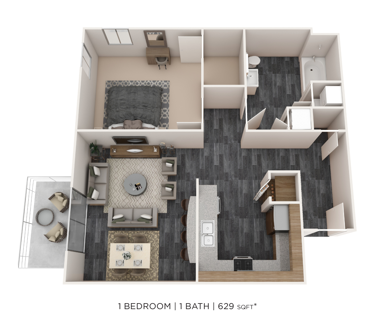 Floor plan for 1 bed, 1 bath, 629 sqft