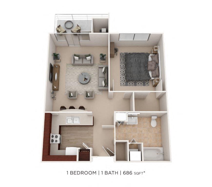 Floor plan for 1 bed, 1 bath, 686 sqft