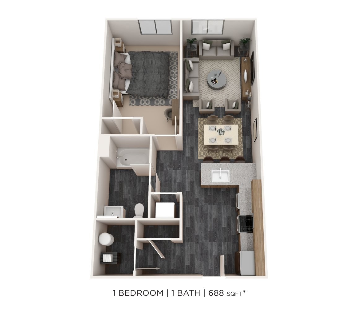 Floor plan for 1 bed, 1 bath, 688 sqft