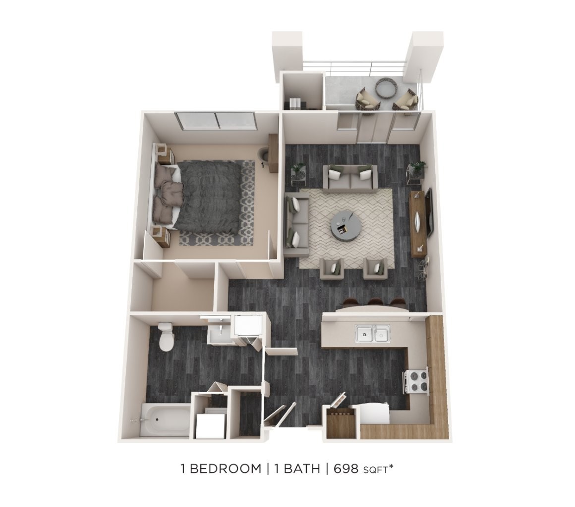 Floor plan for 1 bed, 1 bath, 698 sqft