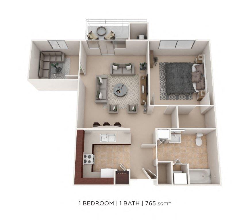 Floor plan for 1 bed, 1 bath, 765 sqft