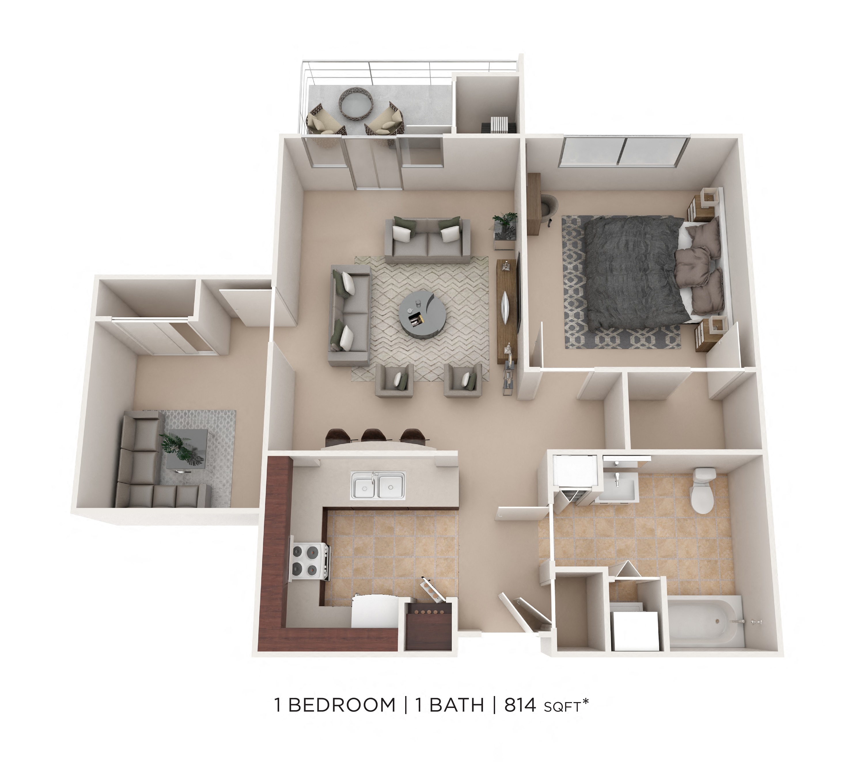 Floor plan for 2 beds, 1 bath, 814 sqft