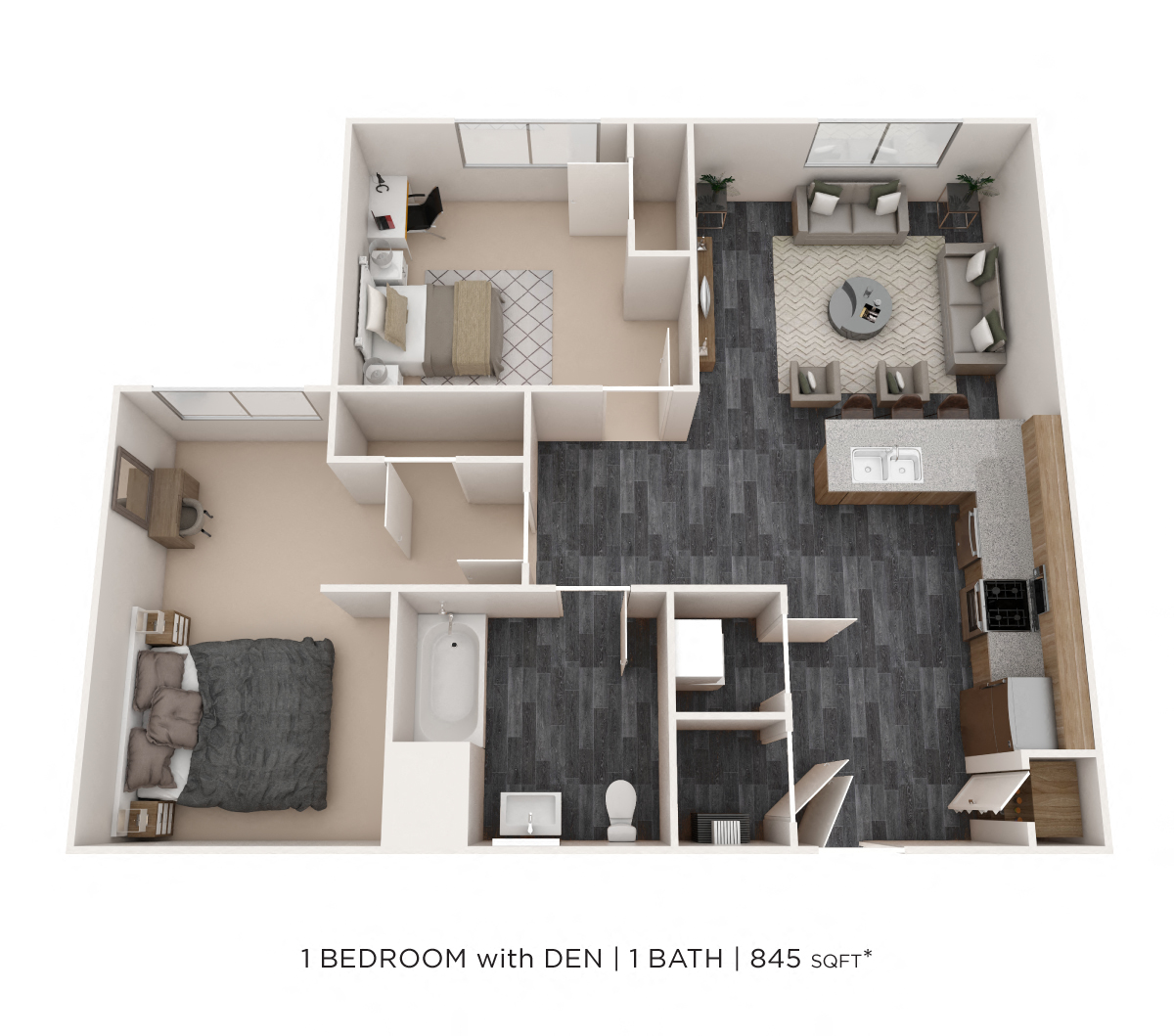 Floor plan for 1 bed, 1 bath, 845 sqft