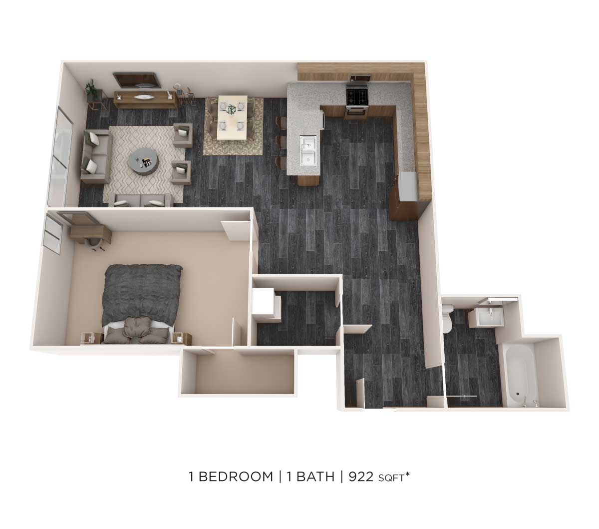 Floor plan for 1 bed, 1 bath, 922 sqft