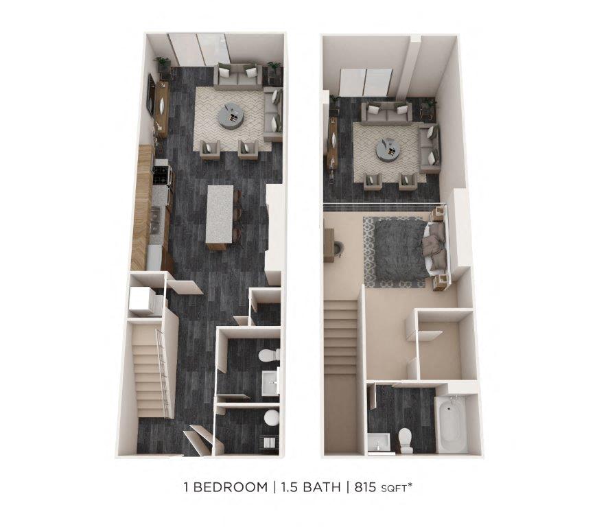 Floor plan for 1 bed, 1.5 baths, 815 sqft