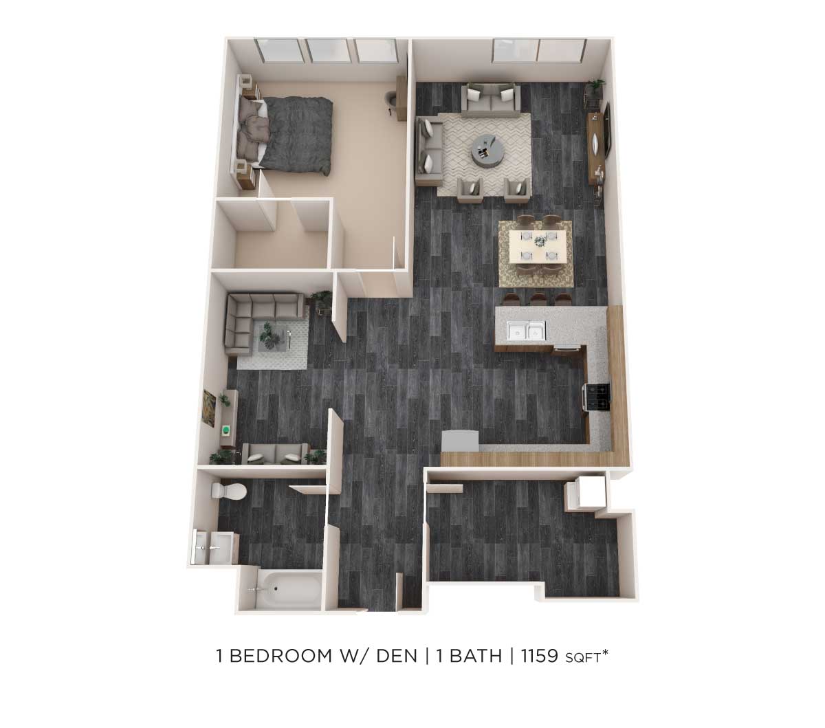 Floor plan for 1 bed, 1 bath