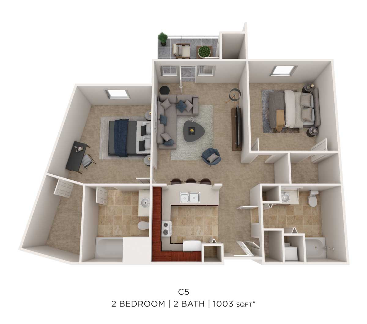 Floor plan for 2 beds, 2 baths, 1003 sqft