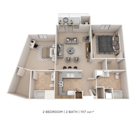 Floor plan for 2 beds, 2 baths, 1117 sqft