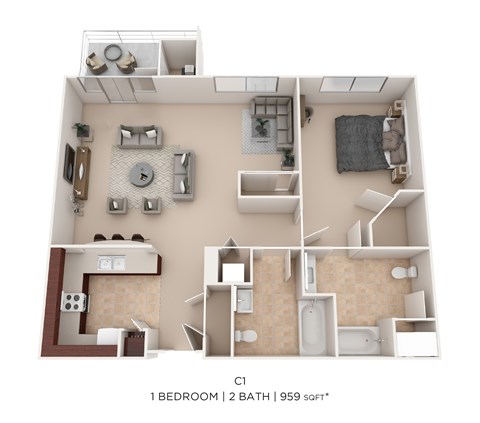 Floor plan for 1 bed, 2 baths, 959 sqft