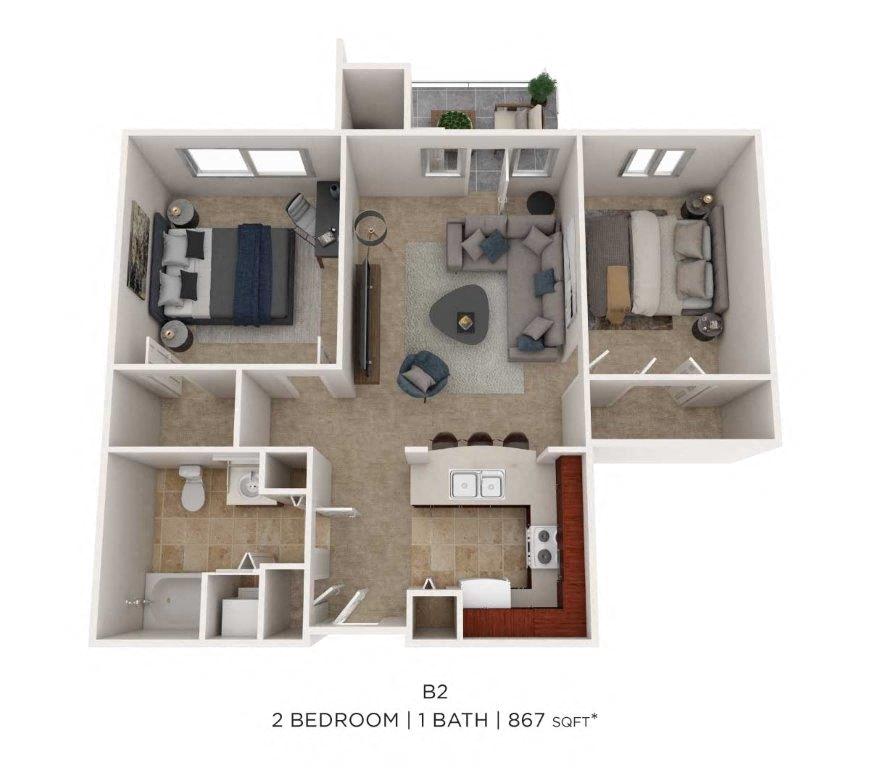 Floor plan for 2 beds, 1 bath, 867 sqft