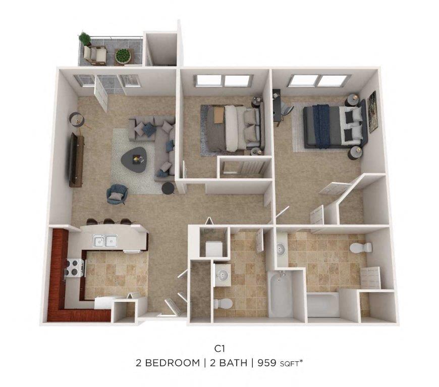 Floor plan for 2 beds, 2 baths, 959 sqft