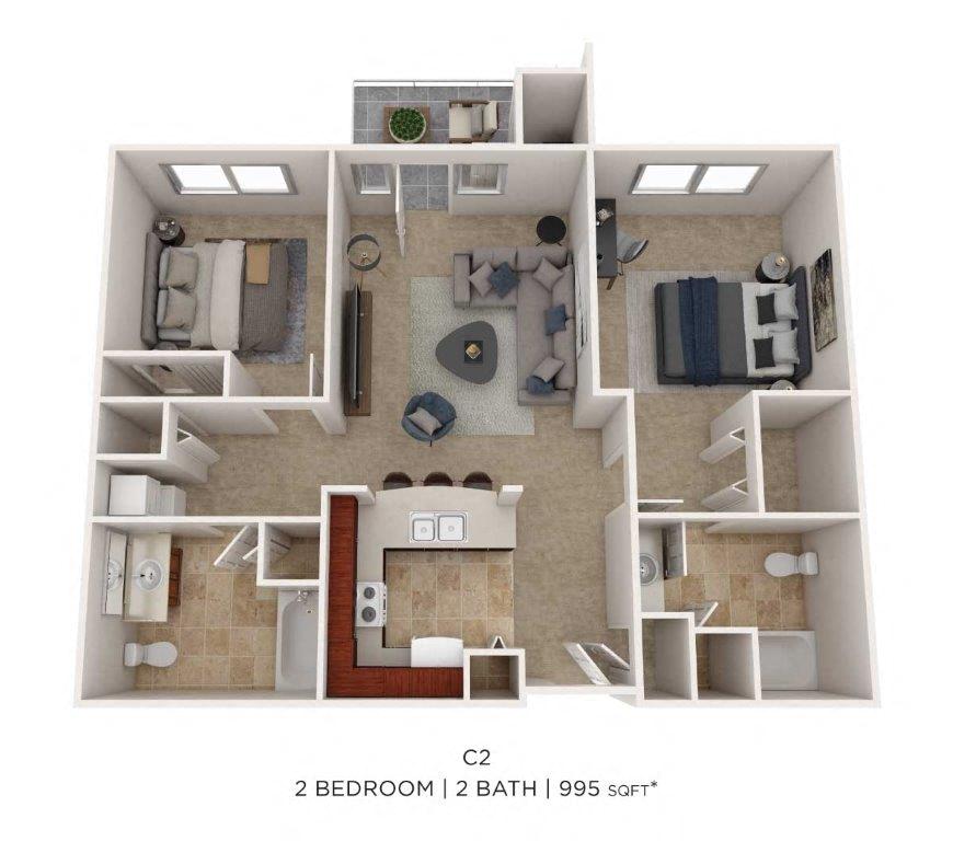 Floor plan for 2 beds, 2 baths, 995 sqft