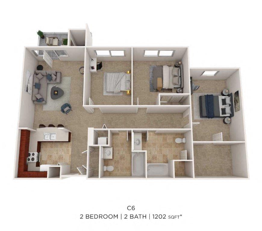 Floor plan for 2 beds, 2 baths, 1202 sqft